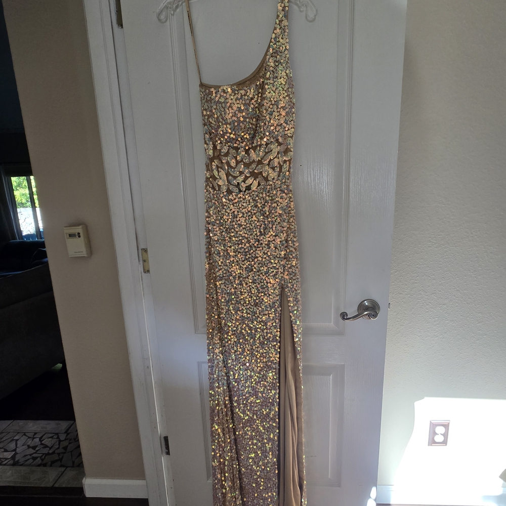 Precious Formals One Shoulder Gold Sequin Dress